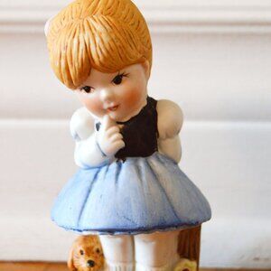 Vintage Young Girl w/ Puppy Figurine Tasco Taiwan Holding Flowers Country Farm